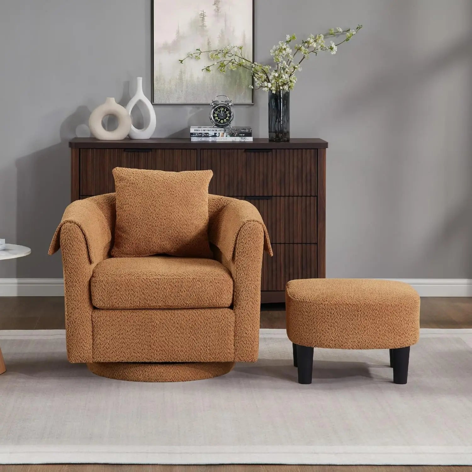 Oversized Swivel Barrel Chair with Ottoman