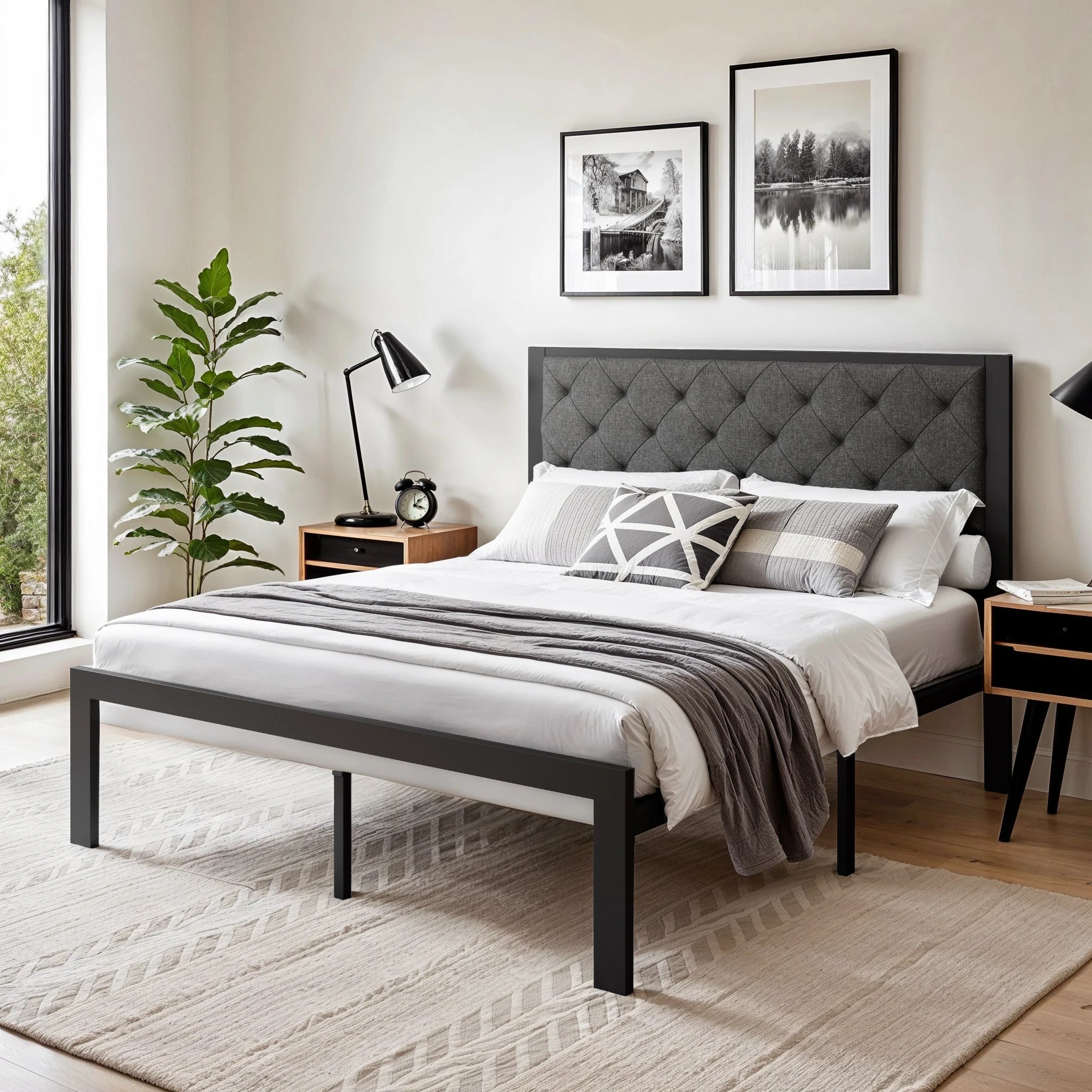 Metal Bed Frame with Upholstered Headboard