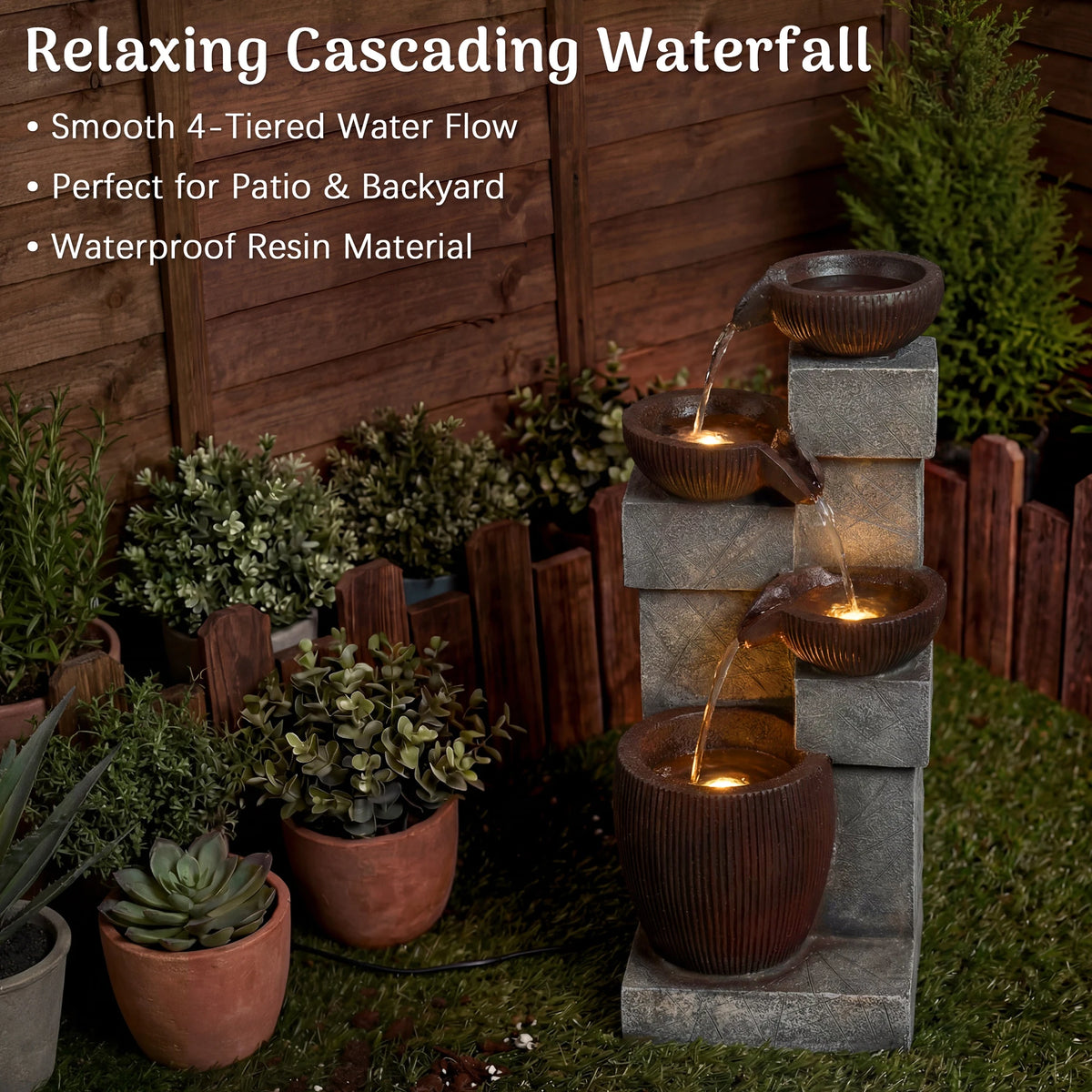 4-Tier Cascading Water Fountain with LED Lights