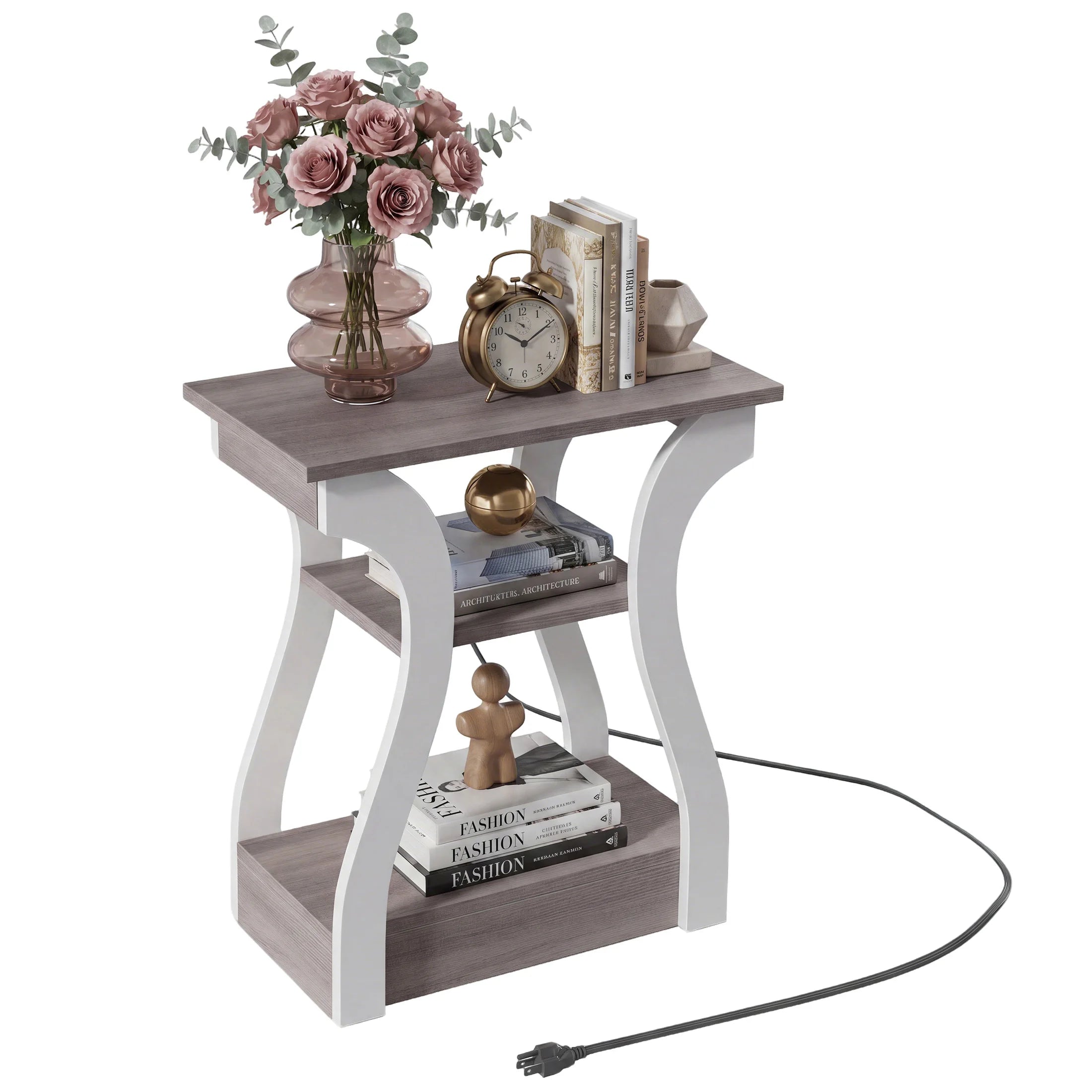 3 Tier Curved Living Room Cabinet End Table with Charging Station