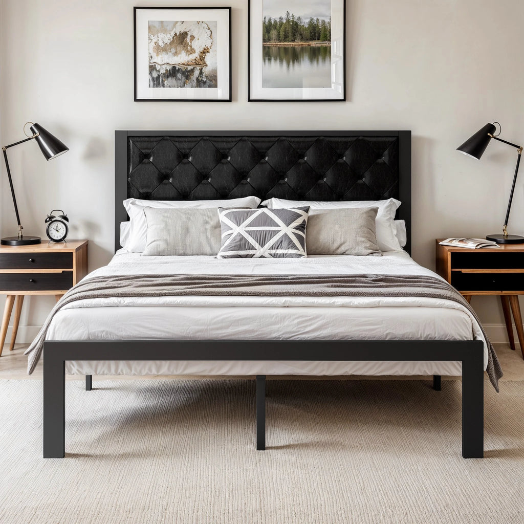 Metal Bed Frame with Upholstered Headboard
