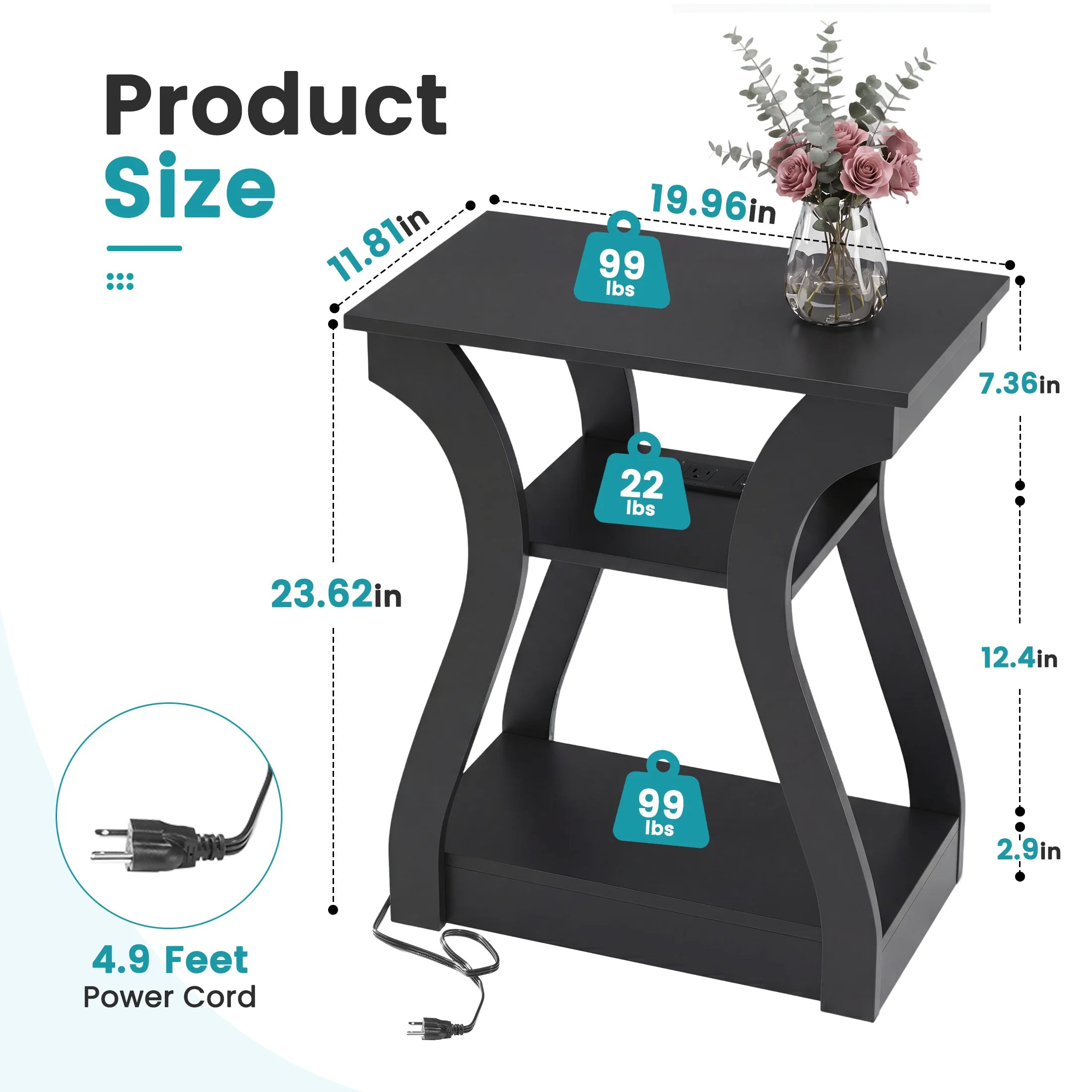 3 Tier Curved Living Room Cabinet End Table with Charging Station