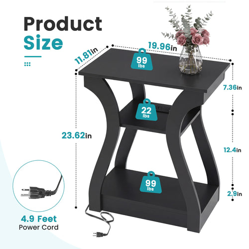 3 Tier Curved Living Room Cabinet End Table with Charging Station