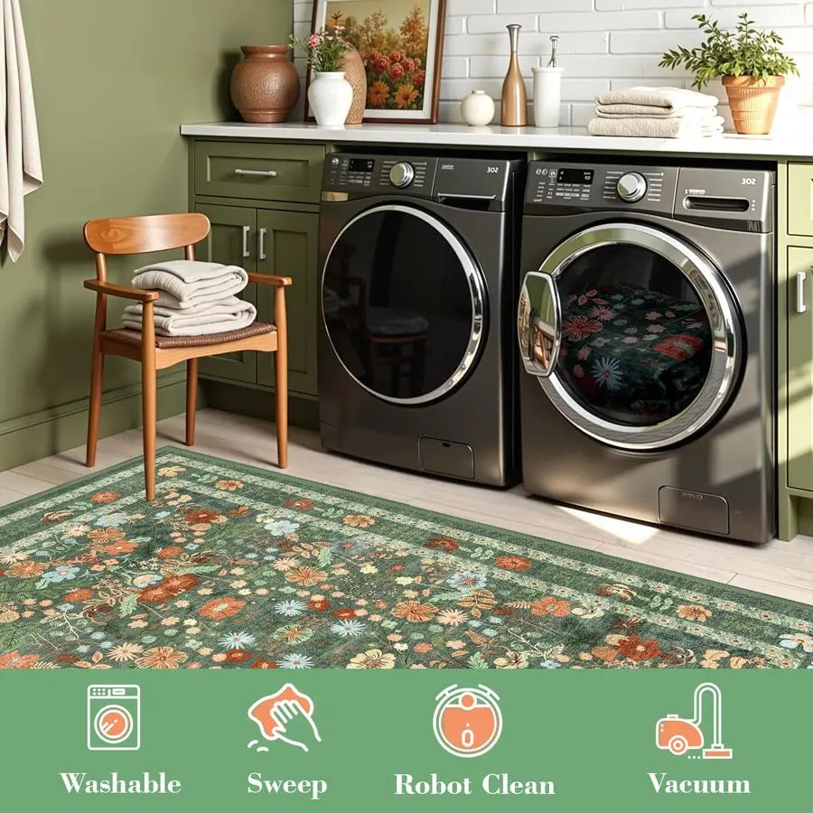 Green Floral Area Rug