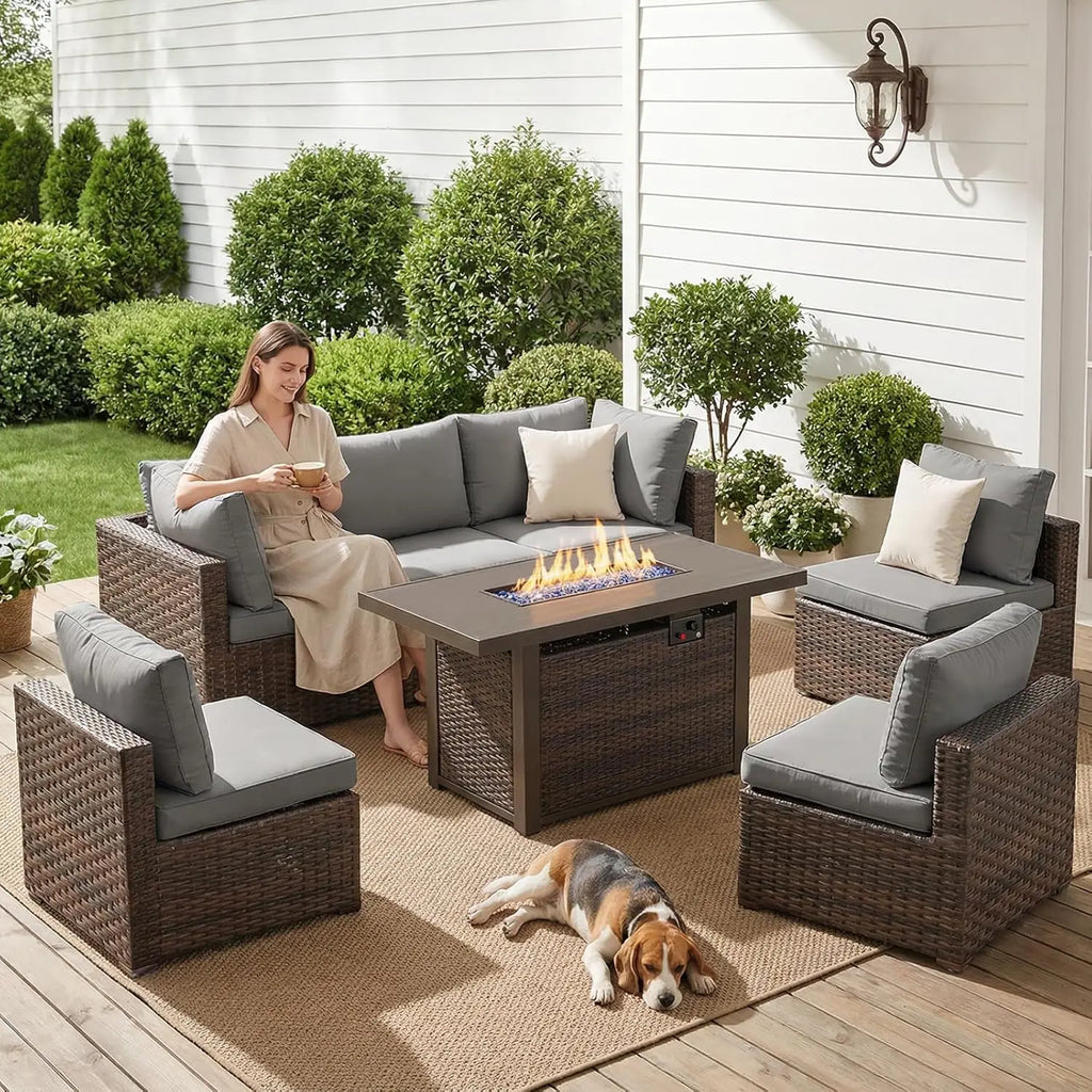 7-Pieces Patio Furniture Sets Outdoor Sectional Sofa with 44'' Propane Rattan Wicker Firepit Table, Patio Sectional, Customized