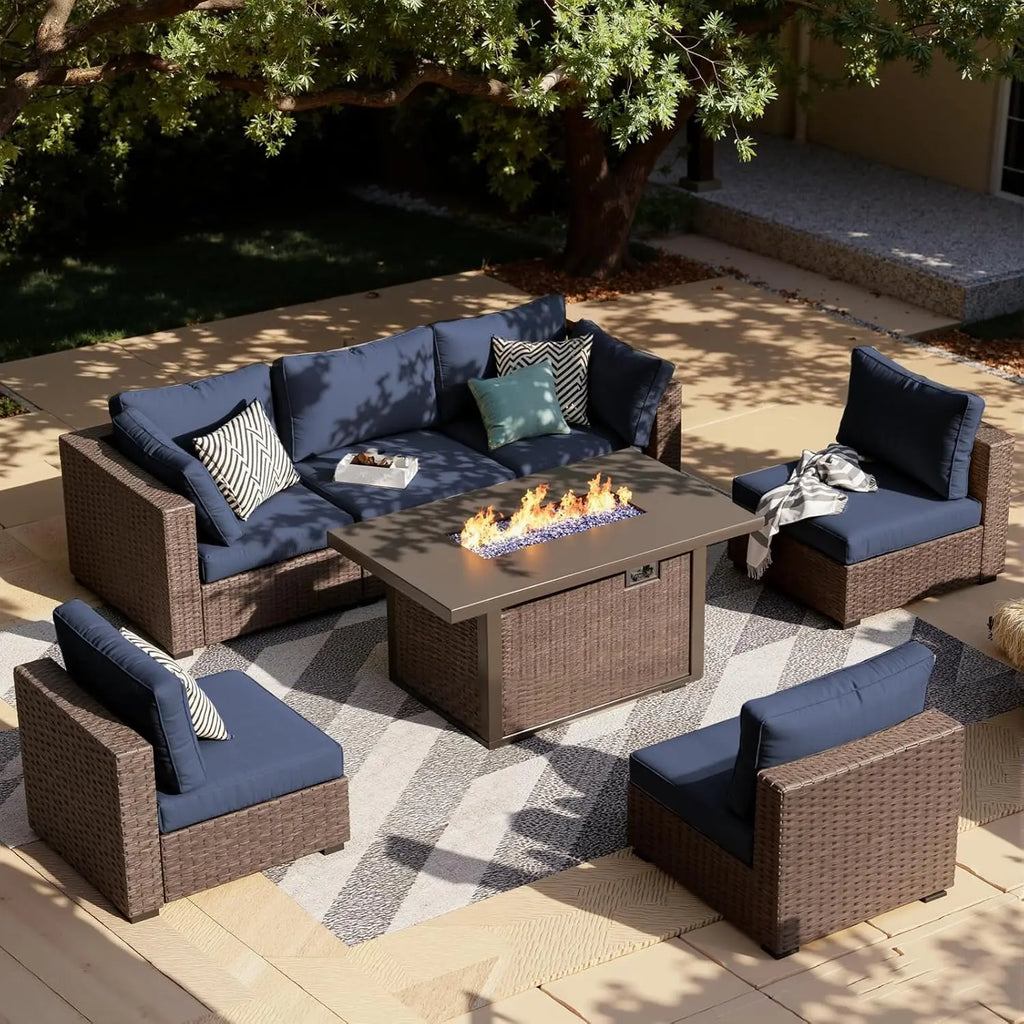 7-Pieces Patio Furniture Sets Outdoor Sectional Sofa with 44'' Propane Rattan Wicker Firepit Table, Patio Sectional, Customized