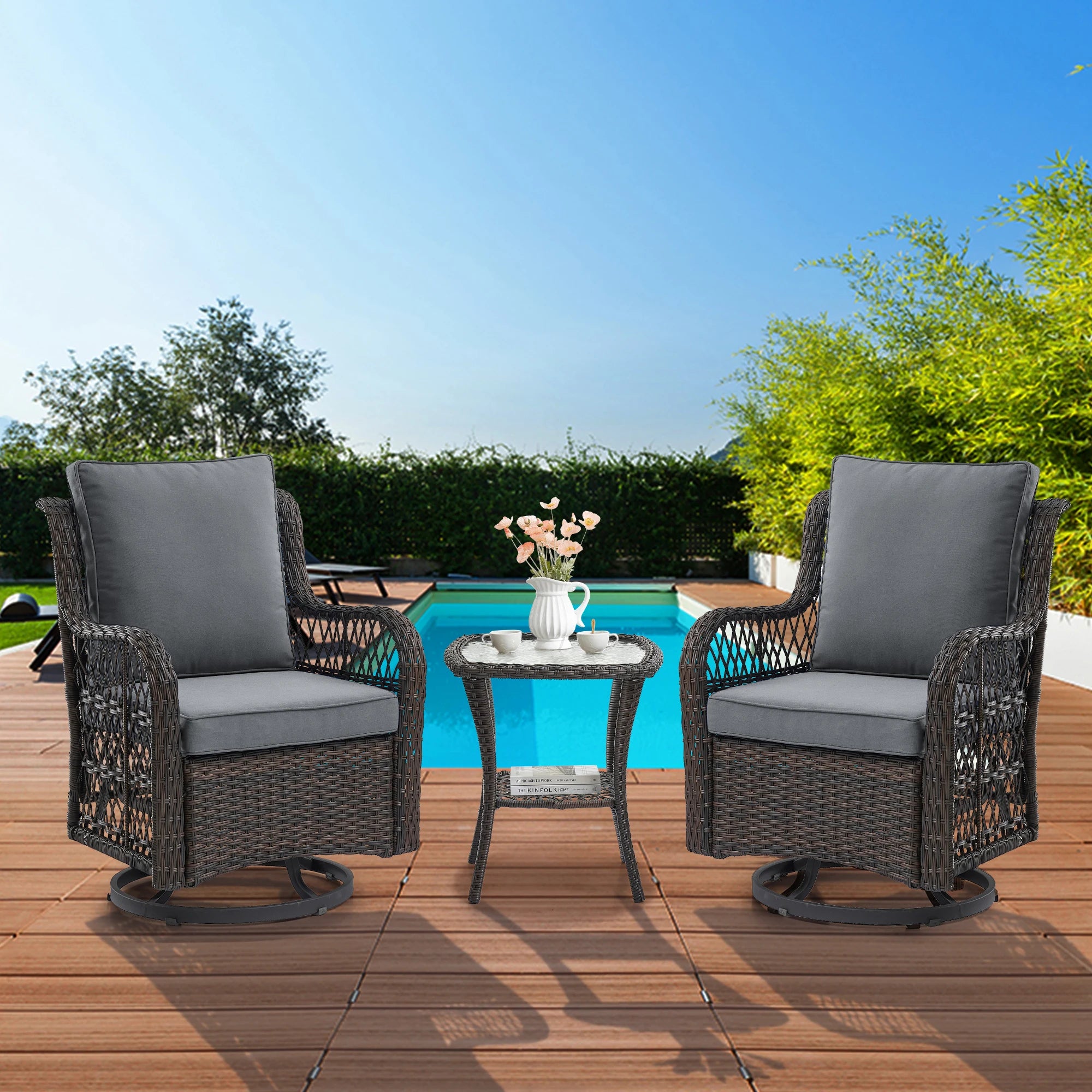 Wicker Swivel Chairs & Table Set