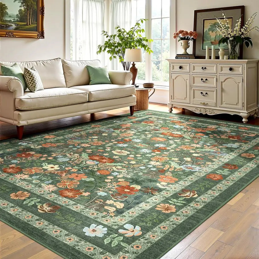 Green Floral Area Rug