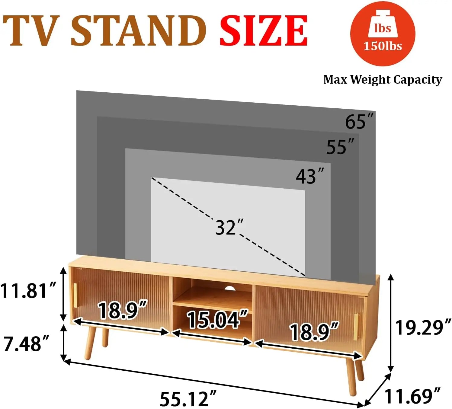 Mid-Century Modern Bamboo TV Stand for 55-65 Inch TVs with Open Shelves, Durable Media Console for Living Room and Bedroom
