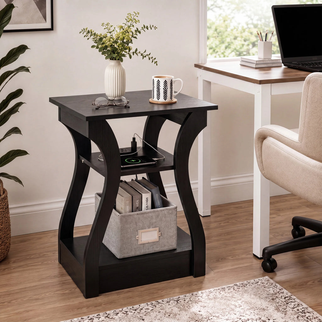 3 Tier Curved Living Room Cabinet End Table with Charging Station