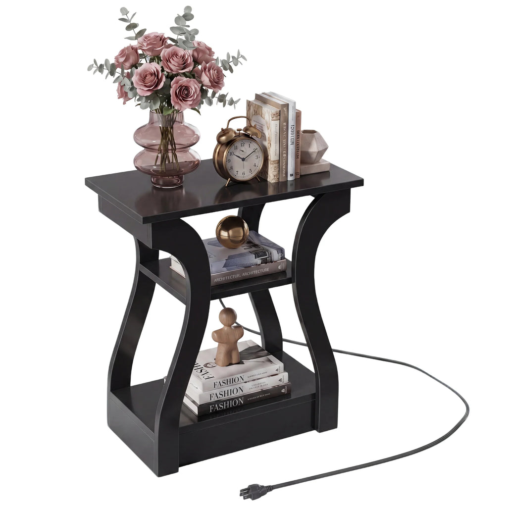 3 Tier Curved Living Room Cabinet End Table with Charging Station