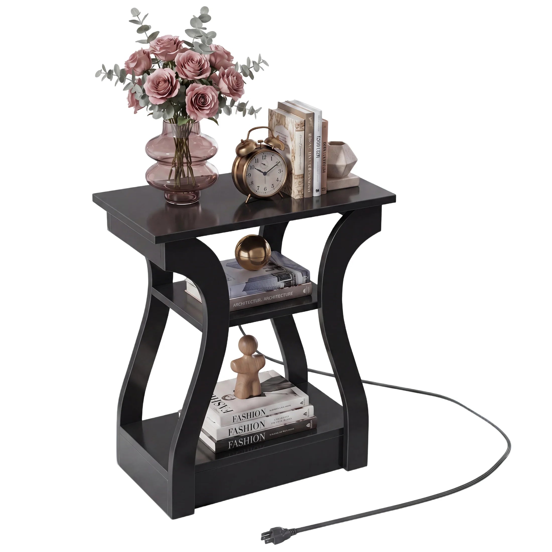 3 Tier Curved Living Room Cabinet End Table with Charging Station