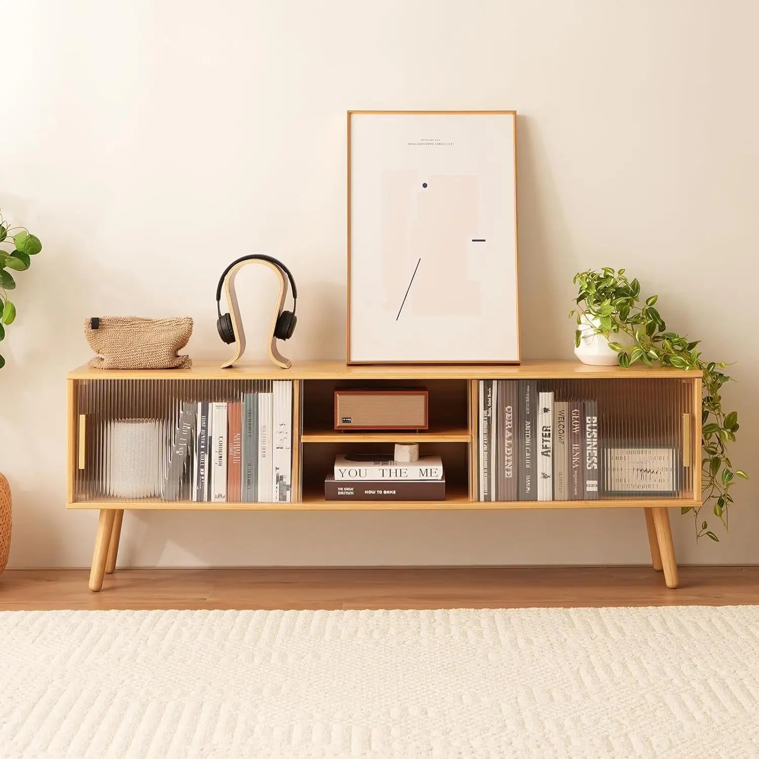 Mid-Century Modern Bamboo TV Stand for 55-65 Inch TVs with Open Shelves, Durable Media Console for Living Room and Bedroom