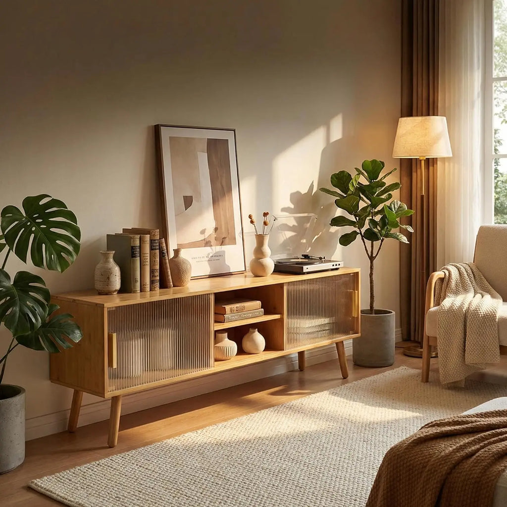 Mid-Century Modern Bamboo TV Stand for 55-65 Inch TVs with Open Shelves, Durable Media Console for Living Room and Bedroom