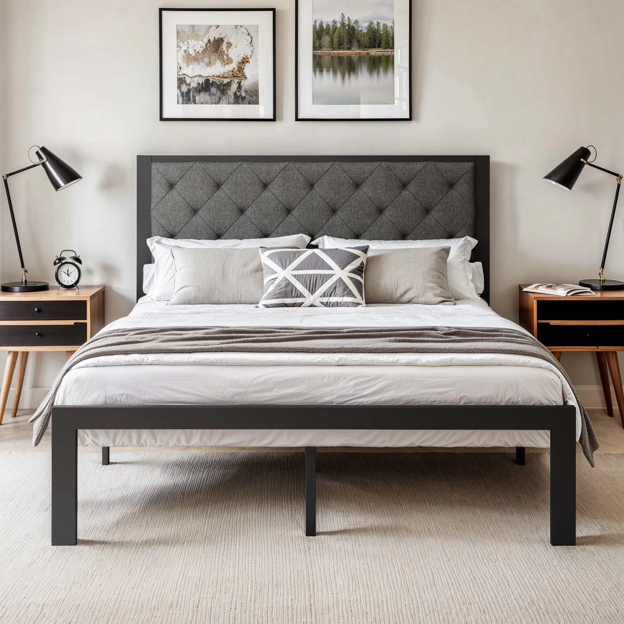 Metal Bed Frame with Upholstered Headboard